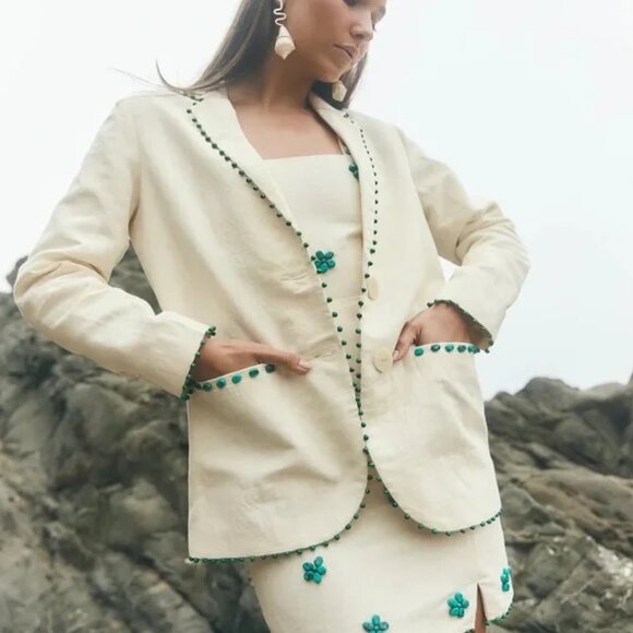 Eddy Amber Blazer - Ivory with Turquoise, Size Large NWT